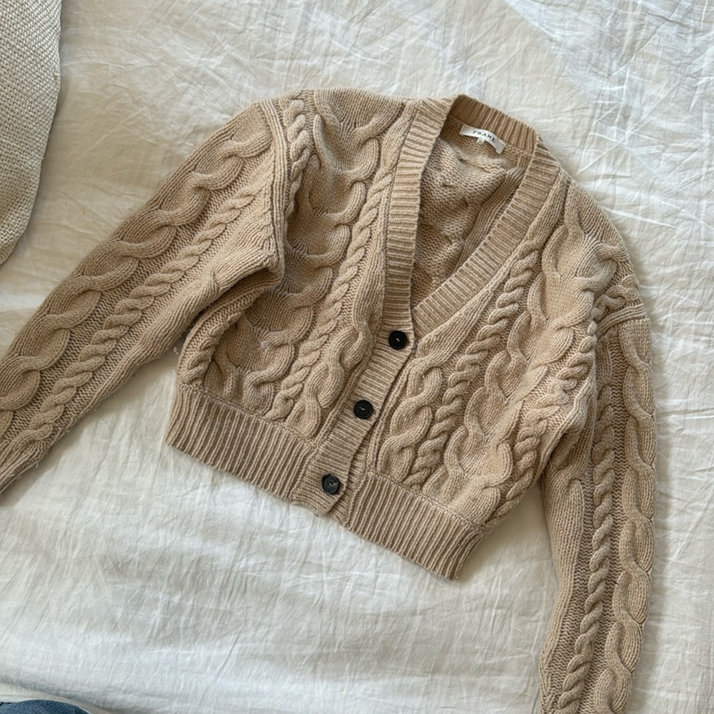 Frame oatmeal color merino wool cropped cardigan
